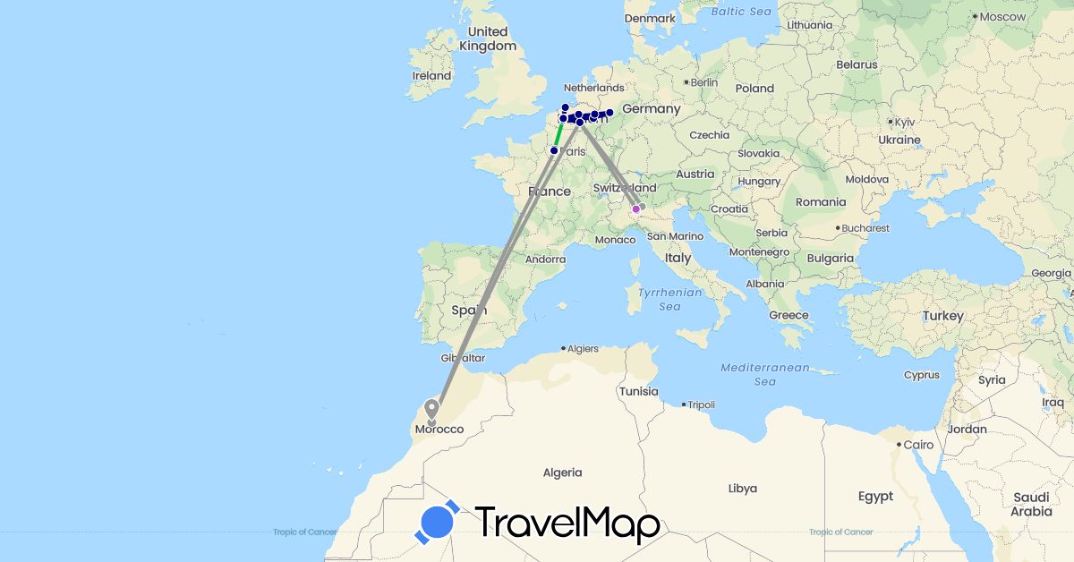 TravelMap itinerary: driving, bus, plane, train, hiking in Belgium, Germany, France, Italy, Morocco, Netherlands (Africa, Europe)