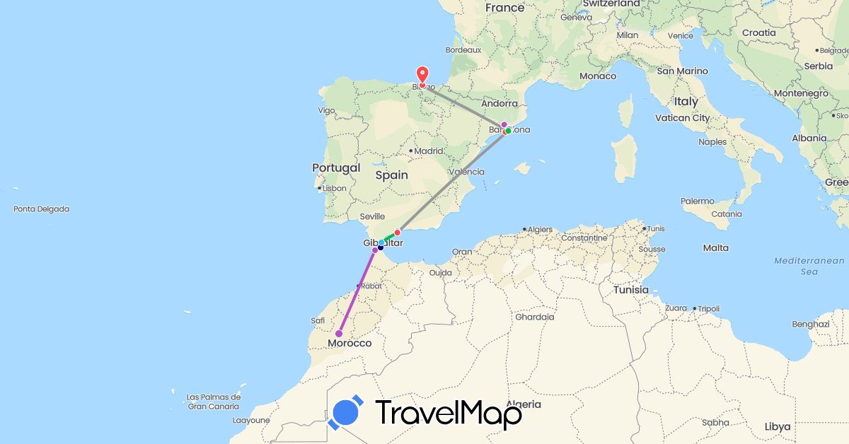 TravelMap itinerary: driving, bus, plane, train, hiking, boat in Spain, Morocco (Africa, Europe)